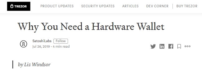 Skærmbillede af Trezor-blogindlæg med titlen: Why You Need a Hardware Wallet