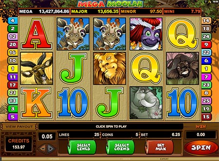 Her er Mega Moolah jackpot slot fra Quickfire. Jackpotten var over 13 millioner amerikanske dollars, da dette billede blev tilføjet her (28. august 2018)!