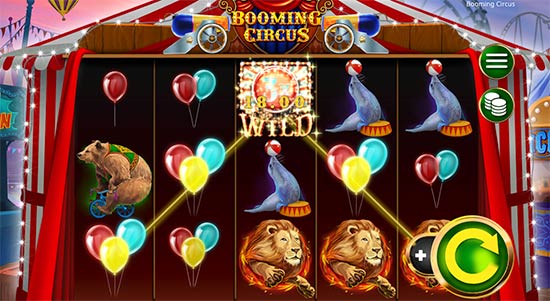 Joitakin pelaamista Booming Circus -kolikkopelistä Booming Gamesilta.