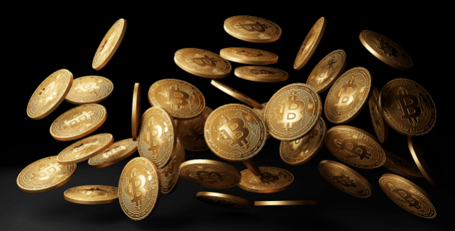 Gyldne bitcoins falder i sort baggrund